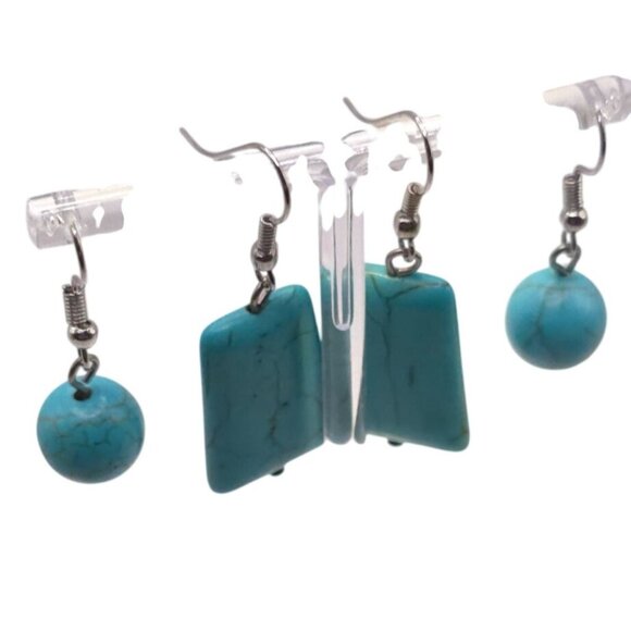 Turquoise Stone Dangle Earrings Set With Rectangular & Round Stone Design - Picture 3 of 4